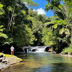 Caribbean Holidays, Cheap April Holidays, Visitors walking through a lush Dominica rainforest beside a clear river and small waterfall in bright April sunshine