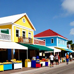 Caribbean Holidays, Cheap Aruba December, Affordable Aruba holiday scene with a local market, colourful buildings and travellers enjoying budget-friendly Caribbean experiences