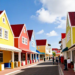 Caribbean Holidays, Cheap Aruba December, Colourful Oranjestad street in Aruba with Dutch Caribbean architecture, local shops and visitors exploring in warm sunshine