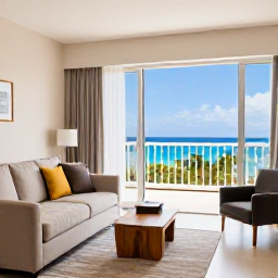 Caribbean Holidays, Cheap Aruba Holidays, Affordable Aruba hotel room with simple stylish furnishings, balcony views and a glimpse of a sunny Caribbean coastline