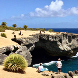 Caribbean Holidays, Cheap Aruba Holidays, Aruba landscape with rugged coastline, desert plants, natural bridge area and visitors exploring in comfortable clothing