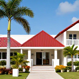 Caribbean Holidays, Cheap Aruba Holidays, Budget-friendly apartment or small hotel in Aruba with tropical gardens, palm trees and a welcoming entrance
