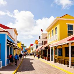 Caribbean Holidays, Cheap Aruba Holidays, Colourful Oranjestad street in Aruba with local caf&eacute;s, affordable shops and travellers exploring in warm sunshine