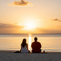 Caribbean Holidays, Cheap Aruba Holidays, Couple enjoying a relaxed sunset on Aruba's coast, with warm golden light, calm water and a comfortable Caribbean evening