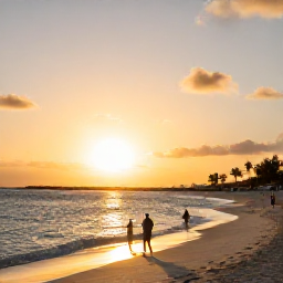 Caribbean Holidays, Cheap Aruba Holidays, Golden sunset over Aruba beach with budget-conscious travellers enjoying the shoreline and warm evening light