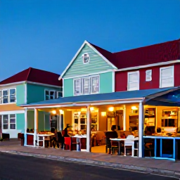 Caribbean Holidays, Cheap Aruba Holidays, Local Aruban food served at a casual outdoor restaurant in Oranjestad, with colourful buildings and evening light