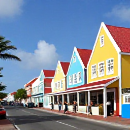 Caribbean Holidays, Cheap Aruba June, Colourful Oranjestad street in Aruba with Dutch colonial buildings, palm trees and visitors exploring local shops