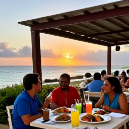 Caribbean Holidays, Cheap Aruba June, Relaxed outdoor restaurant in Aruba at sunset, with local seafood, colourful drinks and diners enjoying a warm evening