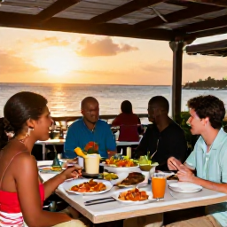 Caribbean Holidays, Cheap Aruba November, Casual outdoor Aruban restaurant at sunset, serving fresh seafood and local dishes to happy diners in a relaxed November setting