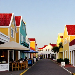 Caribbean Holidays, Cheap Aruba November, Colourful Oranjestad street in Aruba with Dutch Caribbean architecture, local shops, outdoor caf&eacute;s and visitors exploring in warm sunshine