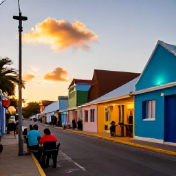 Caribbean Holidays, Cheap Aruba September, Friendly outdoor evening in Aruba, with diners enjoying local food near a colourful Oranjestad street at sunset