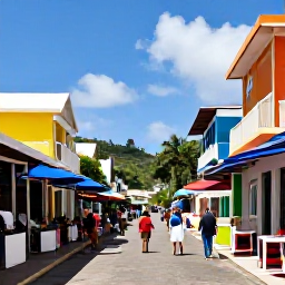 Caribbean Holidays, Cheap August Antigua, Colourful St John's market and streets in Antigua with local shops, caf&eacute;s and pedestrians on a warm day