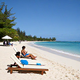 Caribbean Holidays, Cheap August Antigua, Visitors relaxing on a quiet Antigua beach with sun loungers, gentle waves and tropical greenery in August