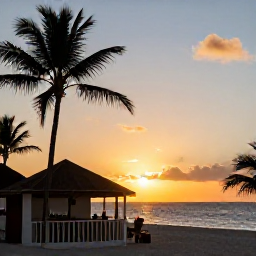 Caribbean Holidays, Cheap August Aruba, Golden sunset over Aruba&rsquo;s coastline with silhouettes of palm trees and a small beach bar