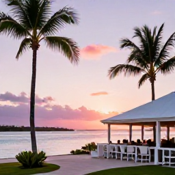 Caribbean Holidays, Cheap August Bermuda, Bermuda sunset over a calm bay with pastel sky, palm trees and a relaxed waterfront restaurant