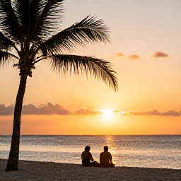 Caribbean Holidays, Cheap August Cura&ccedil;ao, Relaxed Cura&ccedil;ao sunset over a calm beach with palm silhouettes, warm golden light and a couple enjoying the evening