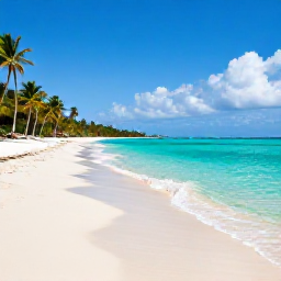 Caribbean Holidays, Cheap August Holidays, A bright Caribbean beach in the Dominican Republic in August, with turquoise water, soft sand, palm trees and a relaxed holiday atmosphere