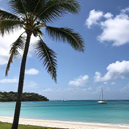 Caribbean Holidays, Cheap August Holidays, A bright coastal view of Saint Vincent and the Grenadines in August, with palm trees, turquoise water and a small sailing boat