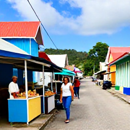 Caribbean Holidays, Cheap August Holidays, A colourful Dominica village street with local food stalls, smiling residents and Caribbean architecture