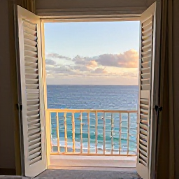 Caribbean Holidays, Cheap August Holidays, A comfortable Caribbean hotel room with open shutters, a balcony overlooking the sea and soft afternoon light in August