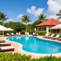 Caribbean Holidays, Cheap August Holidays, A comfortable Dominican Republic beach resort with a swimming pool, sun loungers, tropical gardens and families enjoying an August holiday