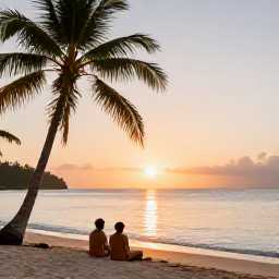 Caribbean Holidays, Cheap August Holidays, A couple enjoying a calm sunset on a Saint Lucia beach, with soft golden light, palm trees and the Caribbean Sea