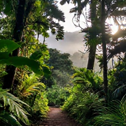 Caribbean Holidays, Cheap August Holidays, A lush Dominica rainforest landscape with a winding trail, tropical foliage and soft morning light