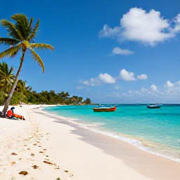 Caribbean Holidays, Cheap August Holidays, A peaceful sandy beach on Bequia in August, with clear Caribbean water, colourful boats and visitors relaxing beneath palm trees