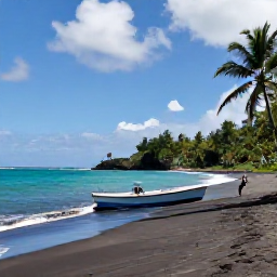 Caribbean Holidays, Cheap August Holidays, A quiet black-sand beach in Dominica with turquoise sea, palm trees and a small fishing boat