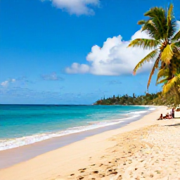Caribbean Holidays, Cheap August Holidays, A quiet golden beach on Tobago with turquoise water, coconut palms and a few relaxed visitors in August