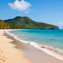 Caribbean Holidays, Cheap August Holidays, A quiet Martinique bay with golden sand, clear shallow water and green hills behind the beach