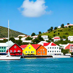 Caribbean Holidays, Cheap August Holidays, A scenic view of Charlotte Amalie harbour on St Thomas, with colourful buildings, boats and green hills under a bright Caribbean sky