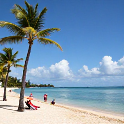 Caribbean Holidays, Cheap August Holidays, A sunny Caribbean beach in Saint Lucia with palm trees, calm turquoise water and a few relaxed holidaymakers in August