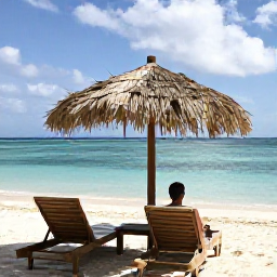 Caribbean Holidays, Cheap August Holidays, Caribbean beach with calm turquoise water, shaded sun loungers and a traveller enjoying a peaceful August afternoon