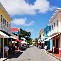 Caribbean Holidays, Cheap August Holidays, Colourful Bridgetown street in Barbados with historic buildings, local shops and visitors exploring, realistic travel photograph