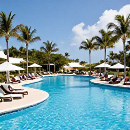 Caribbean Holidays, Cheap August Holidays, Comfortable Barbados hotel pool with palm trees, sun loungers and guests relaxing, realistic travel photograph