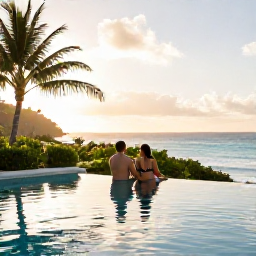 Caribbean Holidays, Cheap August Holidays, Couple relaxing beside a Caribbean swimming pool overlooking the sea, with tropical greenery and soft August sunlight