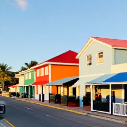 Caribbean Holidays, Cheap August Holidays, Friendly Caribbean resort street with colourful buildings, small shops and visitors exploring in warm August sunshine