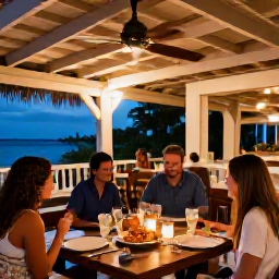 Caribbean Holidays, Cheap August Holidays, Friendly open-air restaurant in Providenciales serving fresh Caribbean seafood, with diners enjoying a relaxed August evening