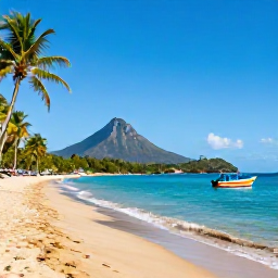 Caribbean Holidays, Cheap August Holidays, Golden sandy beach on Nevis with palm trees, clear Caribbean water, colourful small boats and Nevis Peak in the background