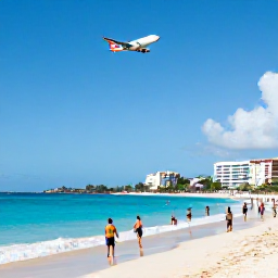 Caribbean Holidays, Cheap August Holidays, Lively Maho Beach in Sint Maarten with aircraft flying overhead, golden sand and visitors enjoying the shoreline