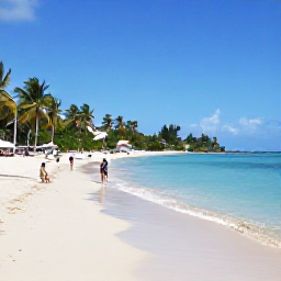 Caribbean Holidays, Cheap August Holidays, Relaxed August beach scene on Saint Kitts with calm turquoise water, golden sand, palm trees and a few visitors enjoying the shoreline