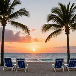 Caribbean Holidays, Cheap August Holidays, Relaxed Caribbean holiday scene in Saint Martin and Sint Maarten with beach chairs, palm trees and a colourful sunset