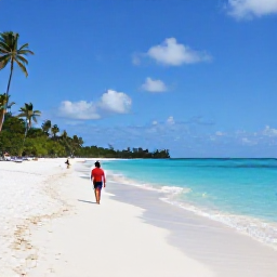 Caribbean Holidays, Cheap August Holidays, Relaxed traveller walking along the wide white sands of Grace Bay Beach, Providenciales, with palm trees and bright blue Caribbean water