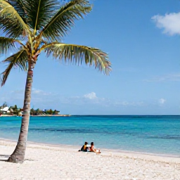 Caribbean Holidays, Cheap August Holidays, Relaxed white-sand beach on Tortola in August, with palm trees, clear blue water and a couple enjoying a quiet swim