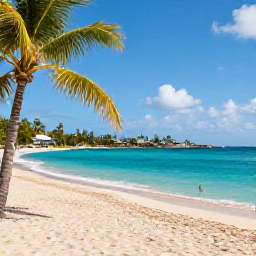 Caribbean Holidays, Cheap August Holidays, Sunny beach on Saint Martin with turquoise Caribbean water, palm trees and a relaxed August holiday atmosphere
