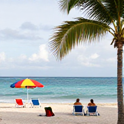 Caribbean Holidays, Cheap August Holidays, Travellers relaxing on a palm-fringed Dominican Republic beach, with calm sea, colourful beach umbrellas and a friendly resort atmosphere