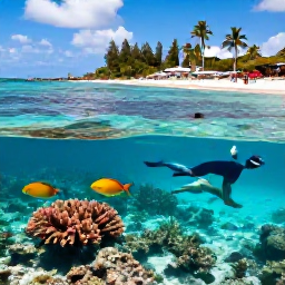 Caribbean Holidays, Cheap August Holidays, Travellers snorkelling in clear shallow water beside a colourful reef near St John, with tropical fish and a sandy Caribbean beach nearby