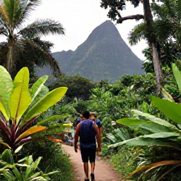 Caribbean Holidays, Cheap August Holidays, Visitors exploring a lush rainforest trail near a waterfall on Saint Vincent, with tropical plants and dramatic green mountains