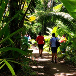 Caribbean Holidays, Cheap August Holidays, Visitors exploring the lush Main Ridge Forest Reserve in Tobago, with a walking trail, tropical plants and dappled sunlight